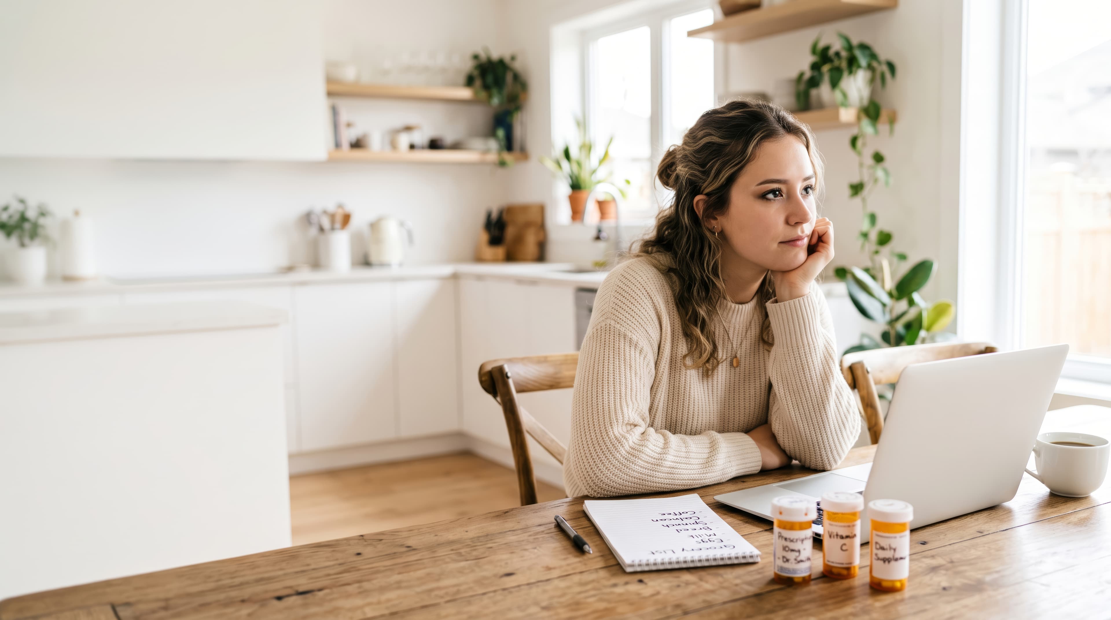 Woman pausing beside her laptop at a kitchen table