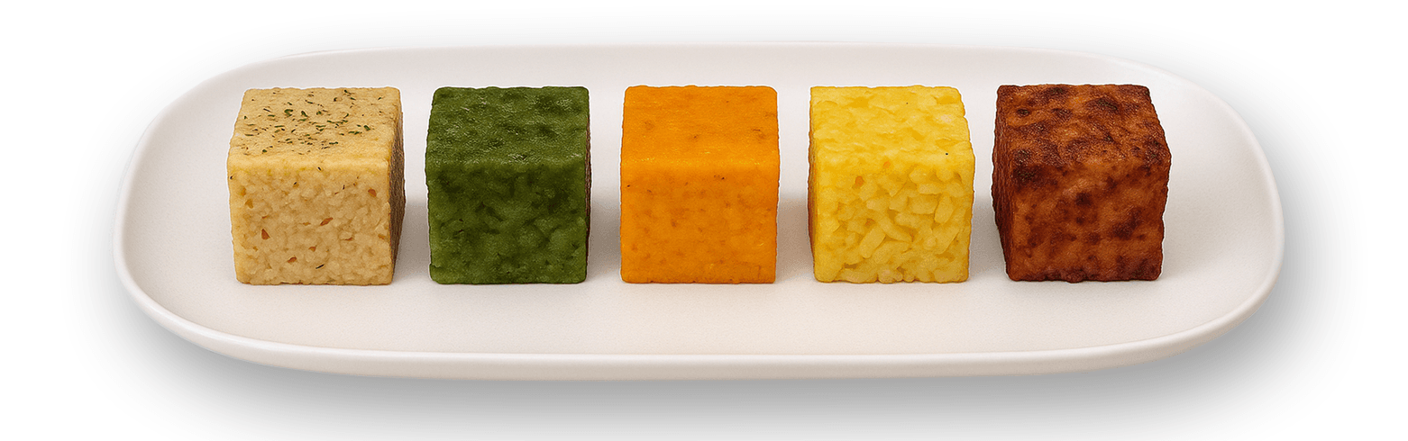 Five colourful food blocks arranged on a white platter